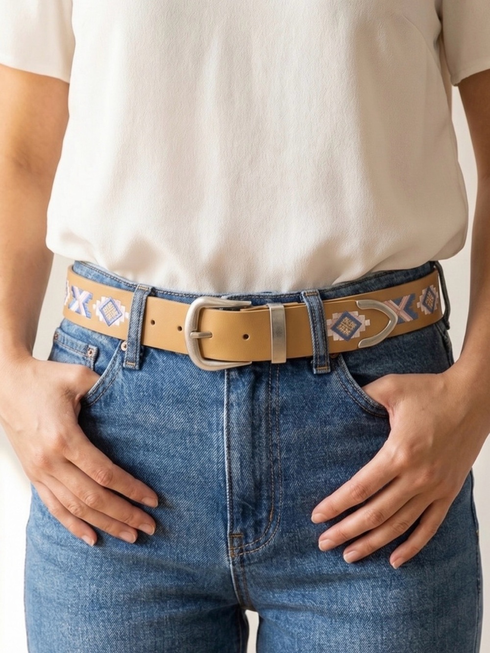 NWT Tan Embroidered Geometric Leather Belt with Silver Buckle